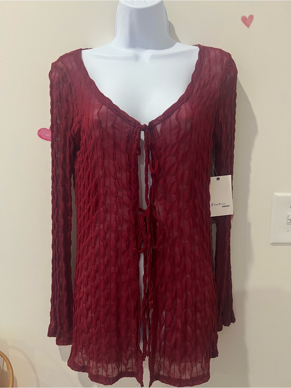 Electric Family Burgundy Sheer Tie-Front Cardigan